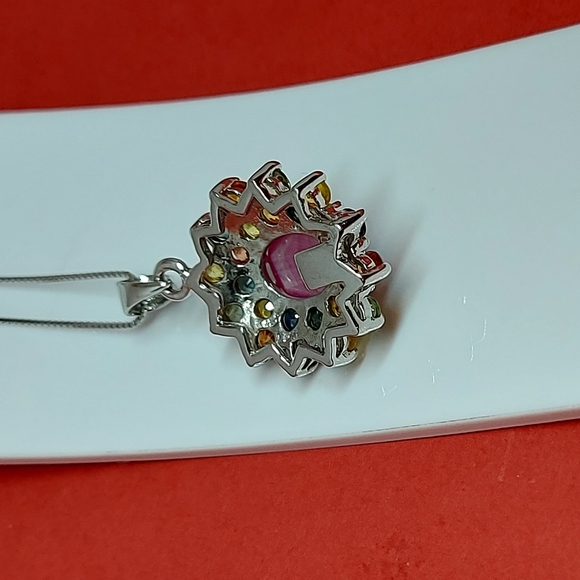 Natural Heated Ruby 10x8mm & Sapphire 925 Sterling Silver Necklace 18" - Picture 6 of 7